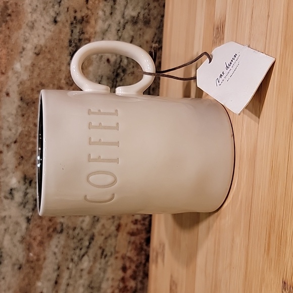 Rae Dunn COFFEE Studio Collection Mug Cup 15 oz Beige And Blue Inside NEW - Picture 1 of 6